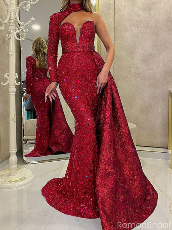 Sexy Red One-Shoulder Mermaid Long Prom Dress Ideas, Evening Party Dresses, OLP1618