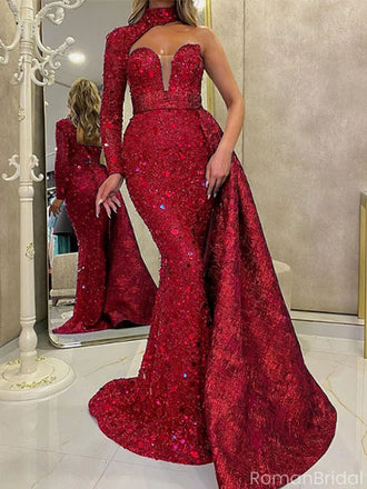 Sexy Red One-Shoulder Mermaid Long Prom Dress Ideas, Evening Party Dresses, OLP1618