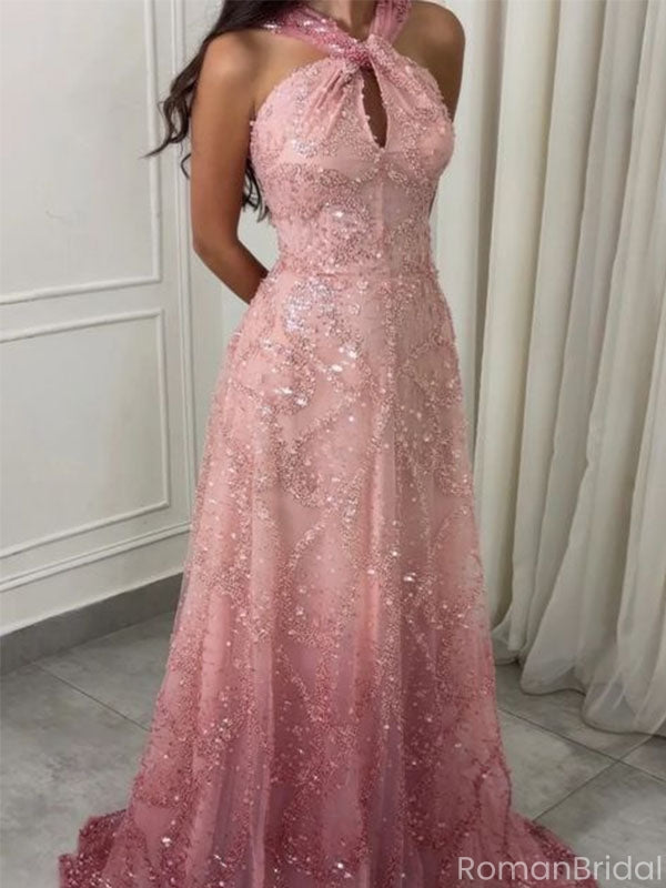 Sparkly Pink Halter A-Line Long Prom Dress Ideas, Evening Party Dresses, OLP1592