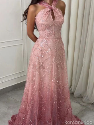 Sparkly Pink Halter A-Line Long Prom Dress Ideas, Evening Party Dresses, OLP1592