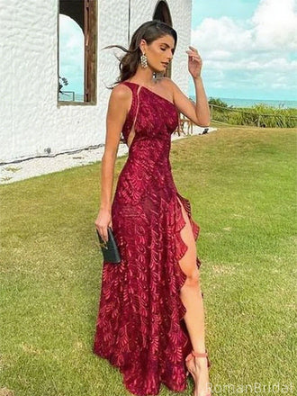 Sexy Red One-Shoulder Mermaid Side Slit Long Prom Dress Ideas, Evening Party Dresses, OLP1367