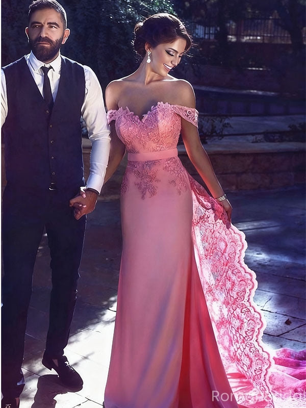 Elegant Pink Off-Shoulder Mermaid Long Prom Dress Ideas, Evening Party Dresses, OLP1417