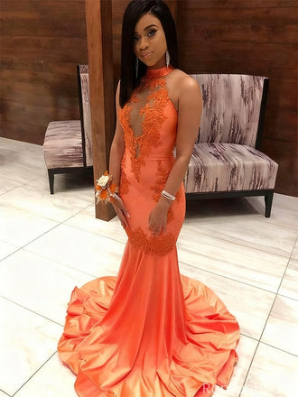 Sexy Orange High Neck Mermaid Long Prom Dress Ideas, Evening Party Dresses, OLP1453