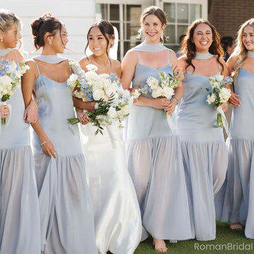 Elegant Blue Spaghetti Strap Sleeveless A-Line Long Bridesmaid Dresses Online, BG911
