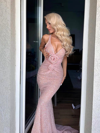 Sexy Mermaid V-neck Sequins Long Pink Prom Dresses Online, OL711