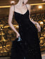 Sparkly A-line Spaghetti Straps V-neck Sequins Long Black Prom Dresses Online, OL713