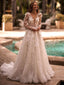 Elegant Long Sleeves A-line V-neck Applique Tulle White Wedding Dresses, WD0538