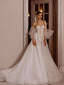 Elegant Off Shoulder Sweetheart A-line Applique Tulle White Wedding Dresses, WD0540