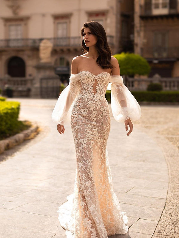 Elegant Long Sleeves Off Shoulder Mermaid Applique Tulle White Wedding Dresses, WD0539