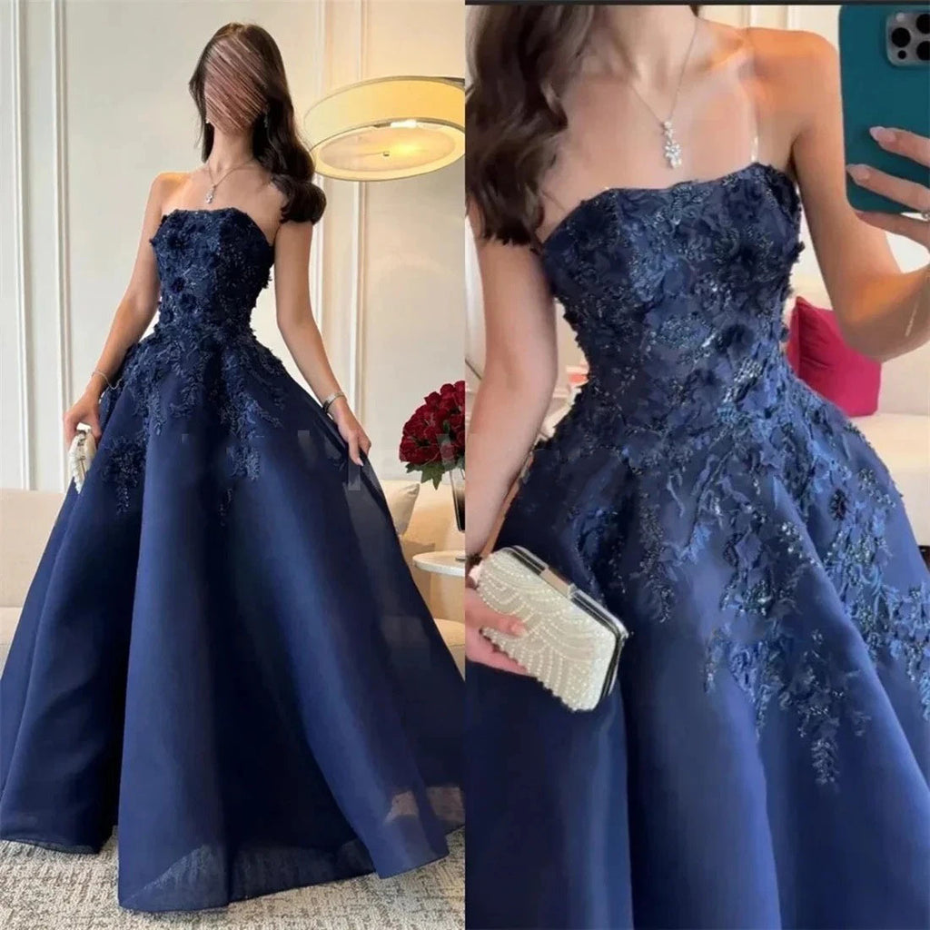Elegant Navy Blue Sweetheart A-Line Long Prom Dress Ideas, Evening Party Dresses, OLP1635