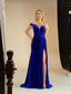 Elegant One Shoulder Mermaid Side Slit Velvet Prom Dresses Online, OL716
