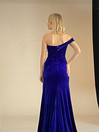 Elegant One Shoulder Mermaid Side Slit Velvet Prom Dresses Online, OL716