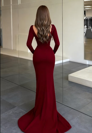 Sexy Red Long Sleeve Mermaid Side Slit Long Prom Dress Ideas, Evening Party Dresses , OLP1213