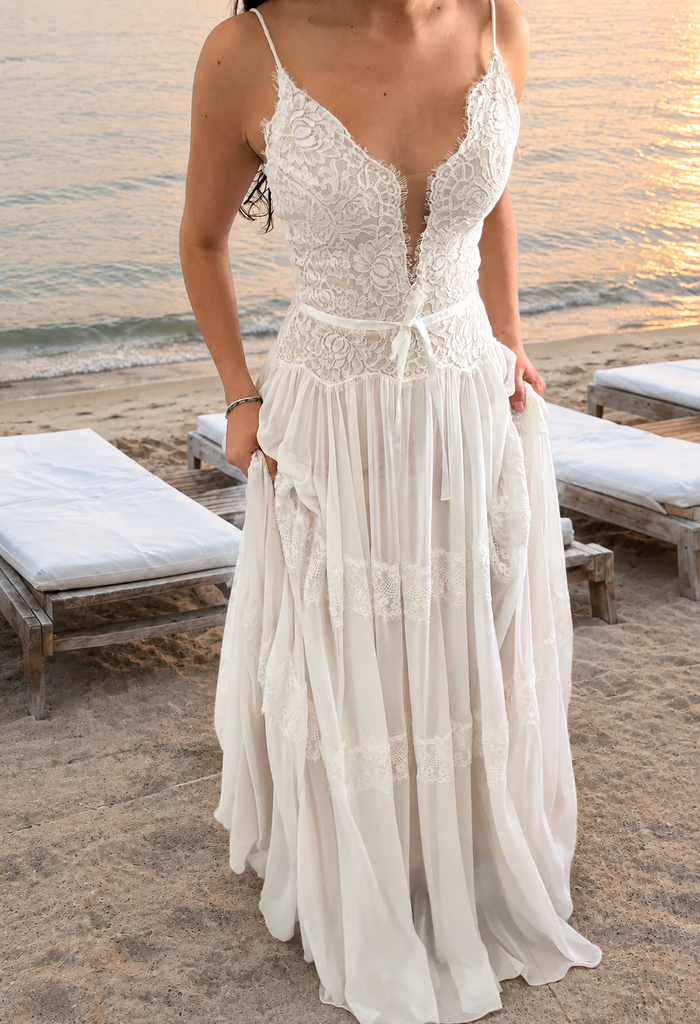 Romantic Boho Lace Tiered V-Neck Maxi Wedding Dresses,WD0640
