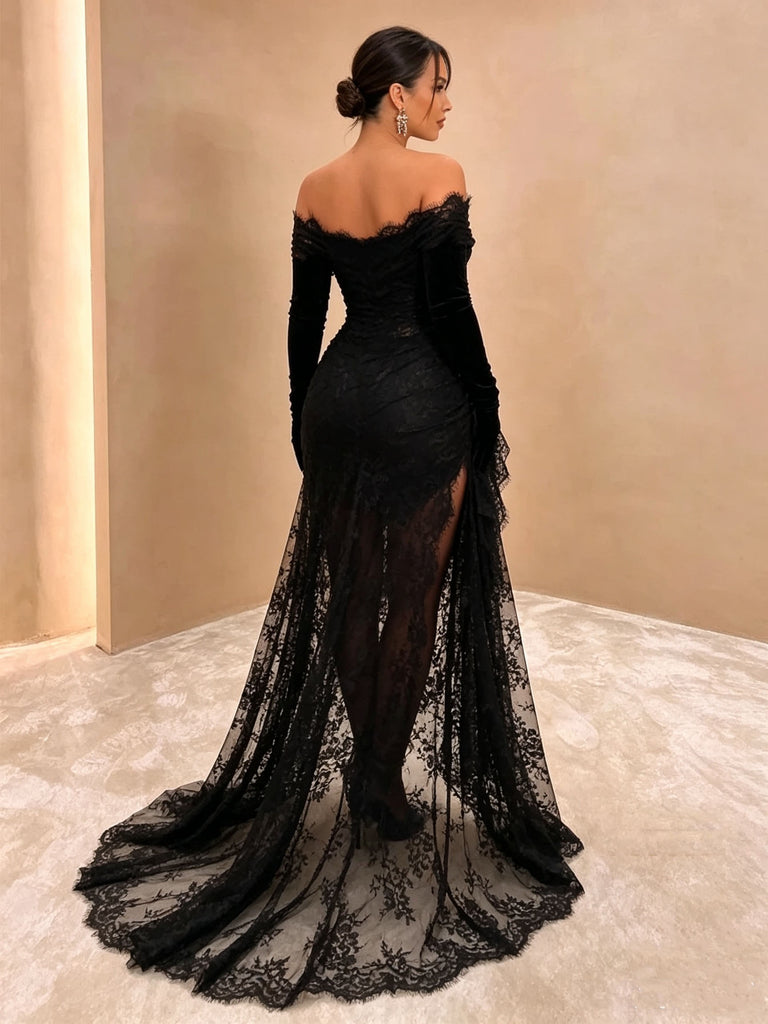 New Arrival Sexy Long Sleeves Mermaid Black Lace Prom Dress with Side Slit, OL017