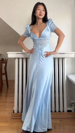 Simple V-neck Cap Sleeve Mermaid Satin Evening Prom Dresses Online, OLP1123