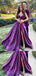 Formal V-neck Sleeveless Satin A-line Prom Dresses Purple With Slit For Party Online, OL354