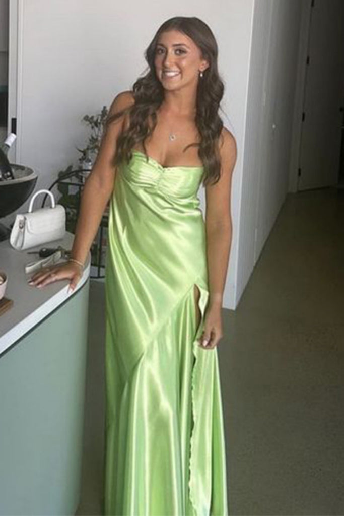 Soft Spaghetti Strap Sleeveless A-line Satin Long Evening Prom Dresses Online, OLP771