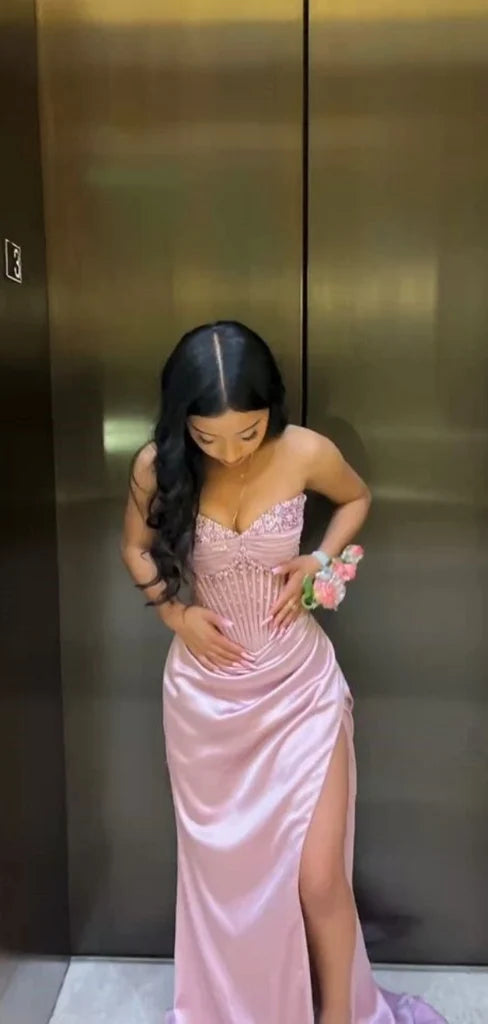 Elegant Pink Sweetheart Sleeveless Mermaid Satin Long Evening Prom Dresses Online, OLP759