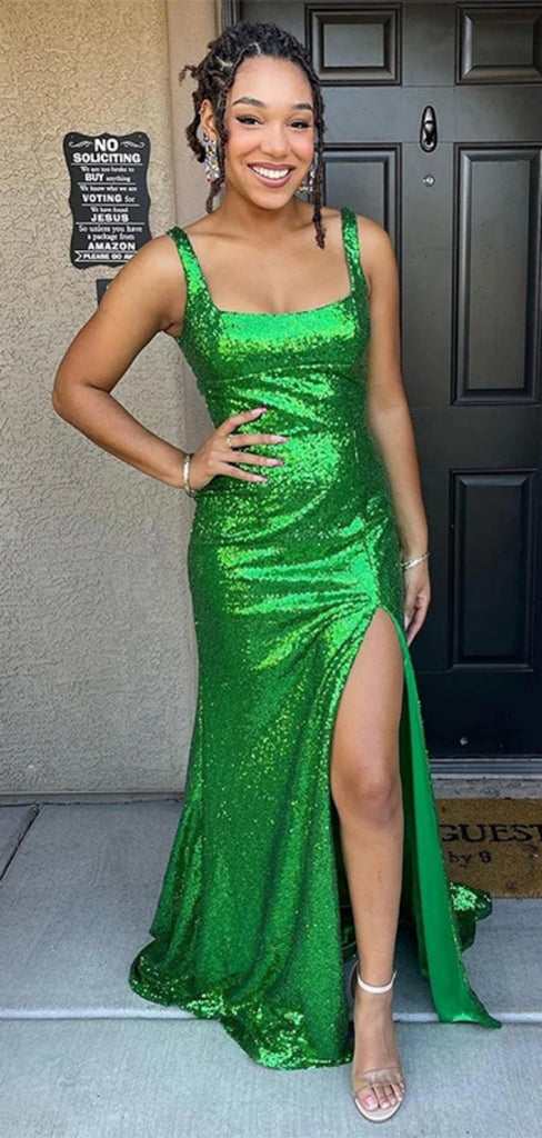 Sexy Square Sleeveless Mermaid Sequin Long Prom Dresses With Slit For Party Online, OL371