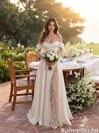 Classy Off-Shoulder Wedding Dresses Long Lace Sleeve Satin Slit Bridal Gown,WD0591
