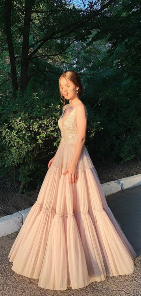 Elegant V-neck Sleeveless A-line Tulle Long Prom Dresses Online, OL515