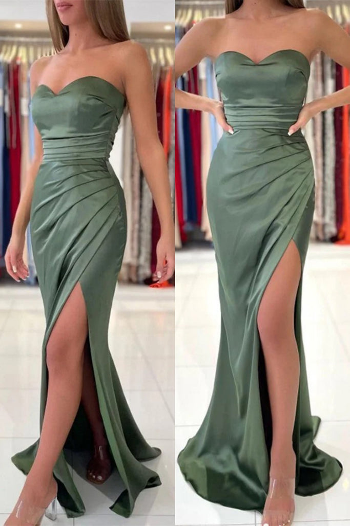 Sexy Sweetheart Sleeveless Mermaid Satin Green Long Prom Dresses With Trailing Online, OL569