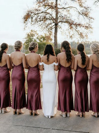 Simple Halter Mermaid Backless Plum Floor Length Bridesmaid Dresses Online, BG401