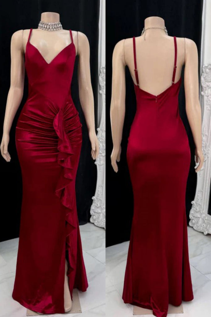 Sexy Spaghetti Strap Sleeveless Mermaid Satin Dark Red Long Prom Dresses With Slit Online, OL559