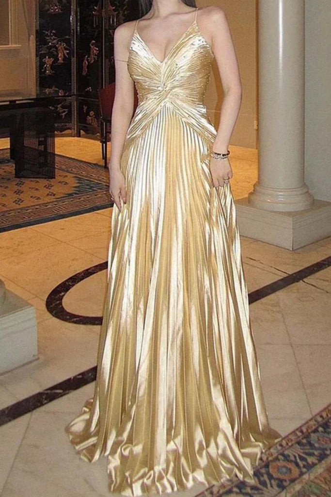 Shiny Spaghetti Strap V-neck Sleeveless A-line Satin Gold Long Prom Dresses Online, OL589