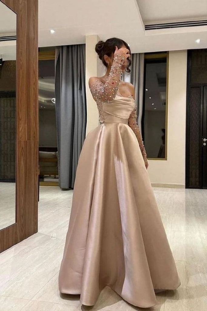 Elegant Sweetheart Full Sleeve A-line Satin Long Prom Dresses Online, OLP591