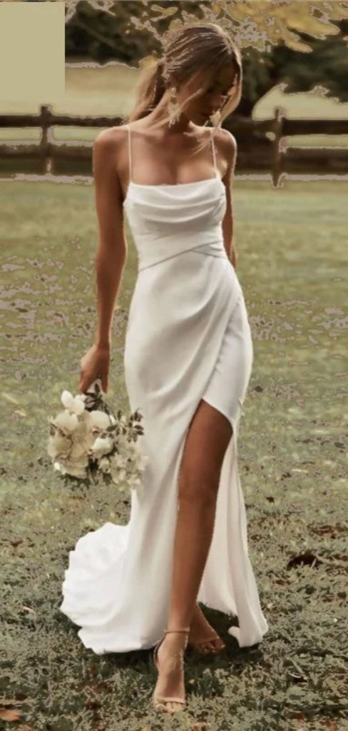 Simple Spaghetti Strap Sleeveless Mermaid White Satin Long Wedding Dresses With Trailing, WD0549