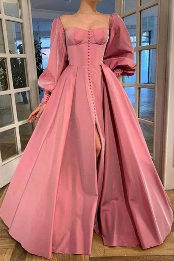 Formal Sweetheart Full Sleeve A-line Satin Long Evening Prom Dresses Online, OLP639