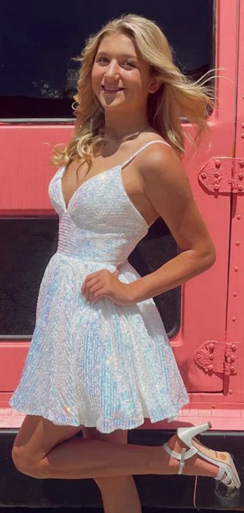 Shiny Spaghetti Strap V-neck Sleeveless Short Sequin A-line Homecoming Dresses For Party Online, HD0835