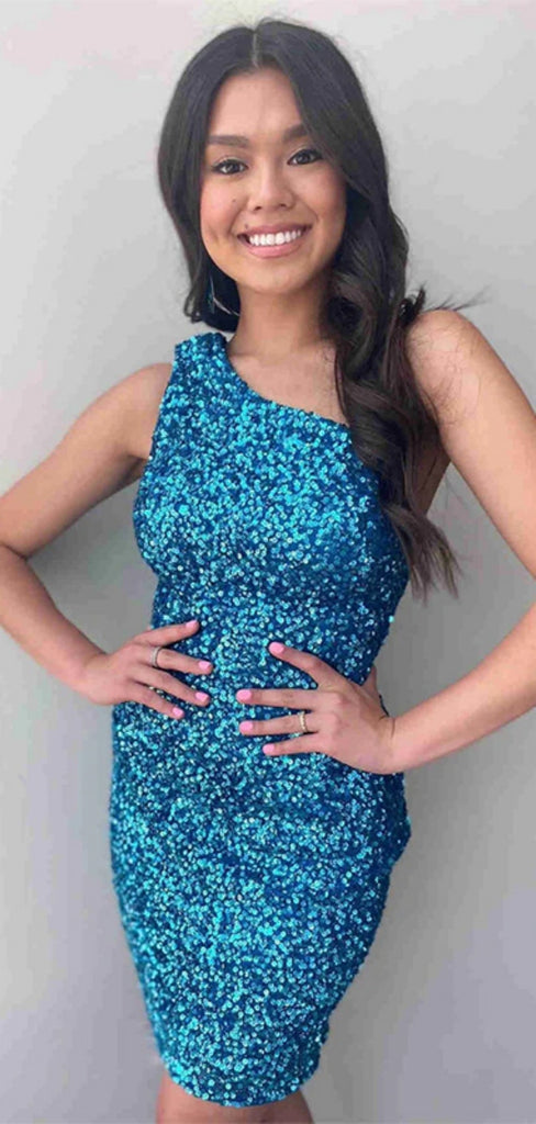 Shiny One-shoulder Sleeveless Short Sequin Mermaid Homecoming Dresses For Party Online, HD0807