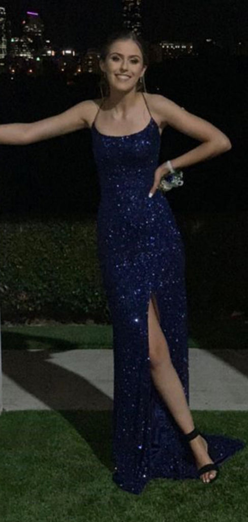 Sexy Spaghetti Strap Sleeveless Mermaid Sequin Evening Prom Dresses Online, OLP807