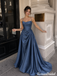Modern Slate Blue Spaghetti Strap Draped Satin Long Prom Dress,OLP2470