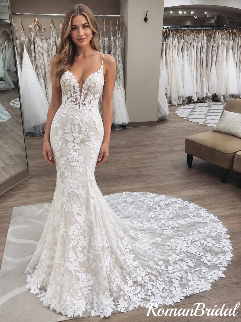 Mermaid Spaghetti Straps V-neck Lace Appliques Long Wedding Dresses, WD0473