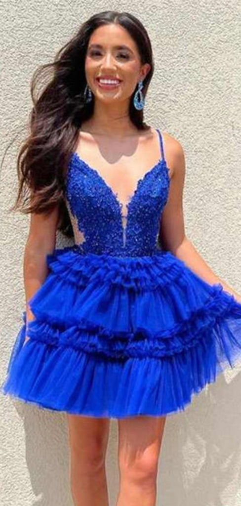 Sexy Spaghetti Strap V-neck Sleeveless Short A-line Tulle Homecoming Dresses For Party Online, HD0859