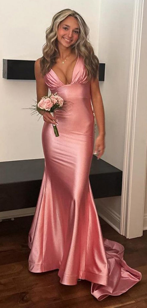 Sexy Spaghetti Strap V-neck Sleeveless Mermaid Satin Long Evening Prom Dresses Online, OLP695