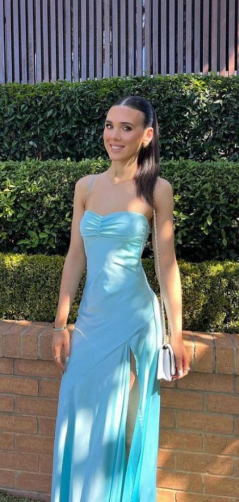 Simple Spaghetti Strap Sleeveless A-line Satin Long Prom Dresses With Slit For Party Online, OL415