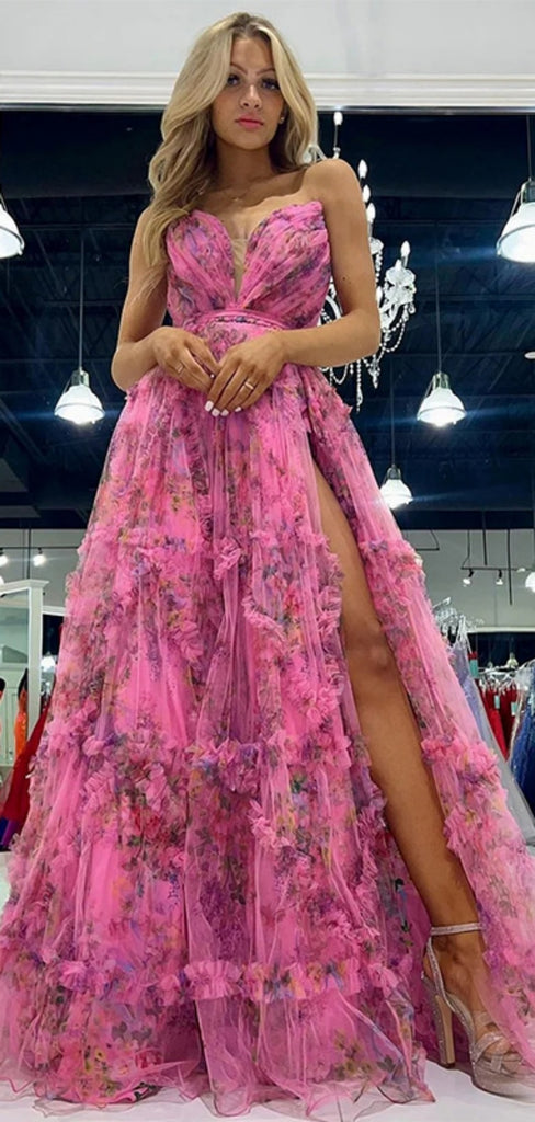 Elegant Sweetheart Sleeveless A-line Tulle Long Prom Dresses With Side Slit For Party Online, OL347