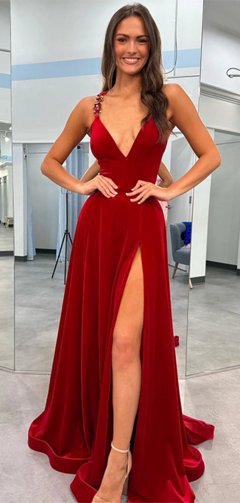 Elegant V-neck Sleeveless Red Velvet A-line Long Prom Dresses With Front Slit For Party Online, OL359