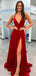 Elegant V-neck Sleeveless Red Velvet A-line Long Prom Dresses With Front Slit For Party Online, OL359