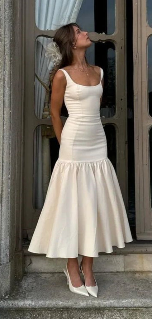 Formal White Scoop Sleeveless Mermaid Satin Long Prom Dresses Online, OL491