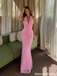 Elegant Pink Lace Mermaid Prom Dress Halter Deep V Neck Sleeveless Floor Length Sexy Gown,OLP2361