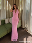 Elegant Pink Lace Mermaid Prom Dress Halter Deep V Neck Sleeveless Floor Length Sexy Gown,OLP2361