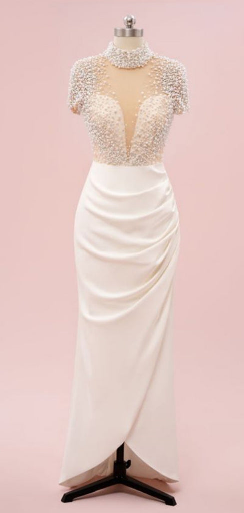 Elegant Cap Sleeve Beading Mermaid Satin Long Prom Dresses For Party Online, OL327