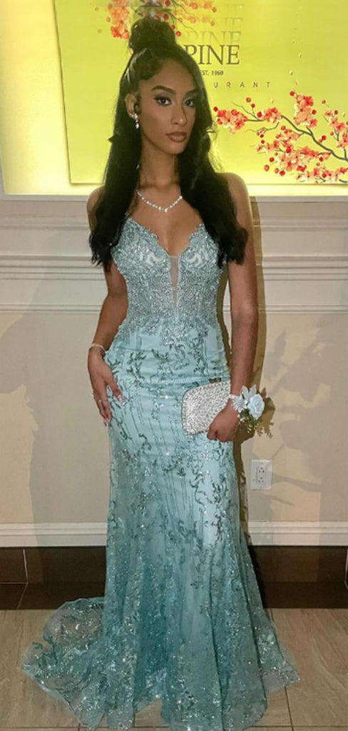 Elegant Spaghetti Strap Sleeveless Mermaid Lace Long Evening Prom Dresses Online, OLP667