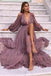 Vintage V-neck Full Sleeve A-line Chiffon Long Prom Dresses Online, OL573